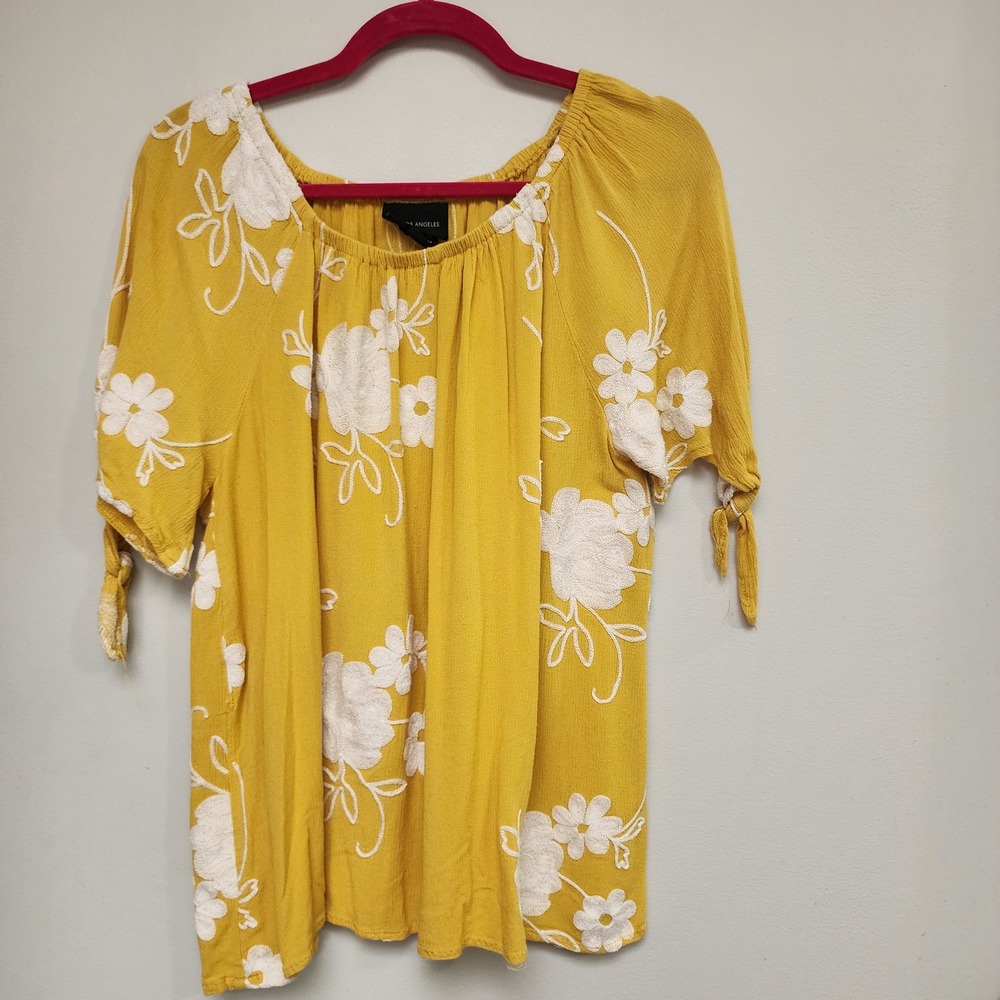 LIV LOS ANGELES Mustard Yellow Floral Embroidered Peasant Top XL SB744‎ Boho